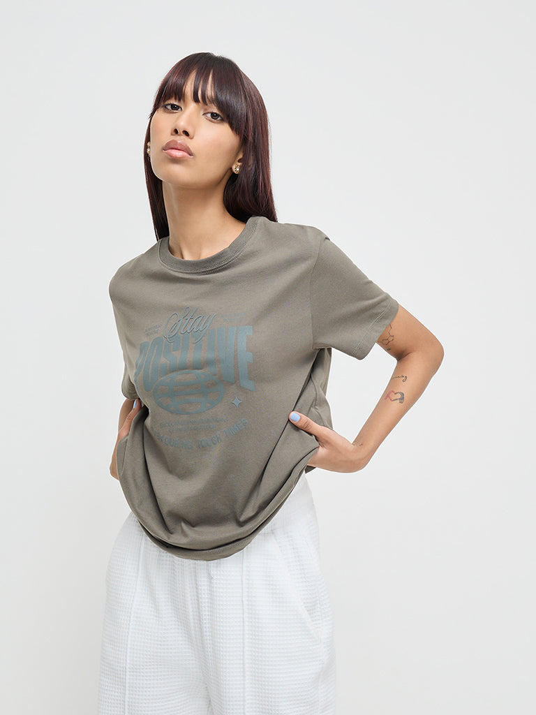 Studiofit Olive Text-Printed Cotton T-Shirt