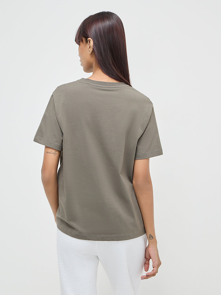 Studiofit Olive Text-Printed Cotton T-Shirt