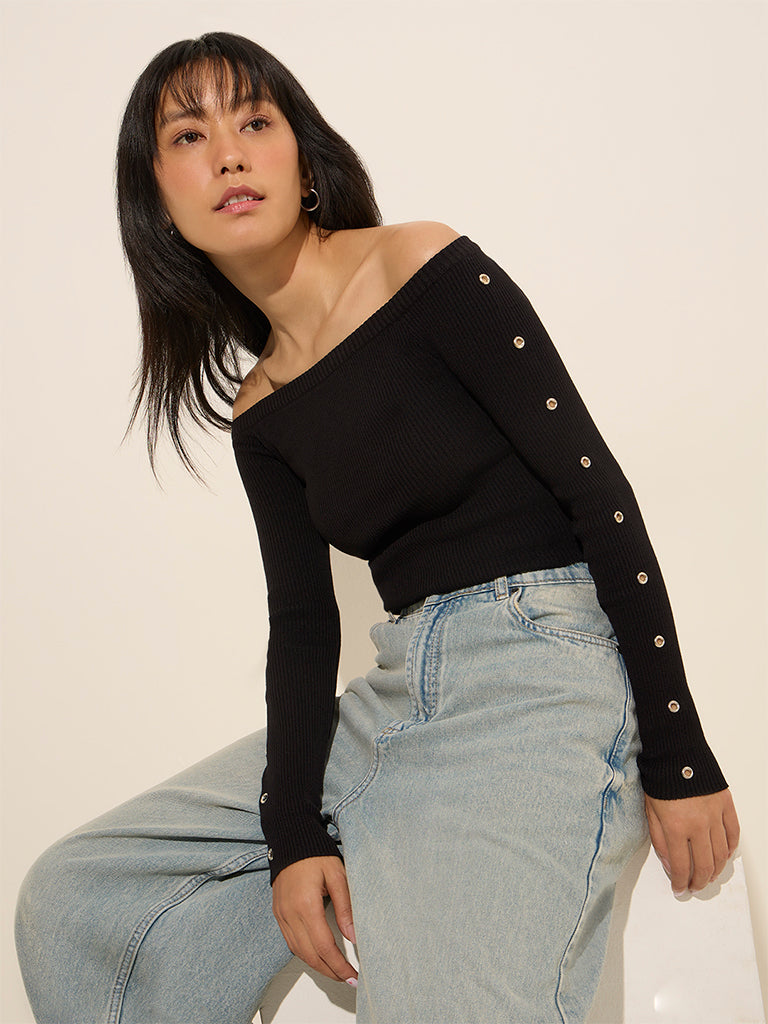 Nuon Black Ribbed Off-Shoulder Crop Top