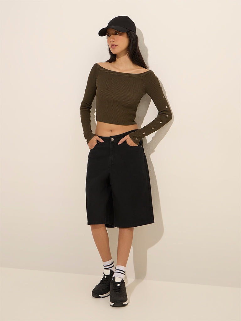 Nuon Olive Ribbed Off-Shoulder Crop Top