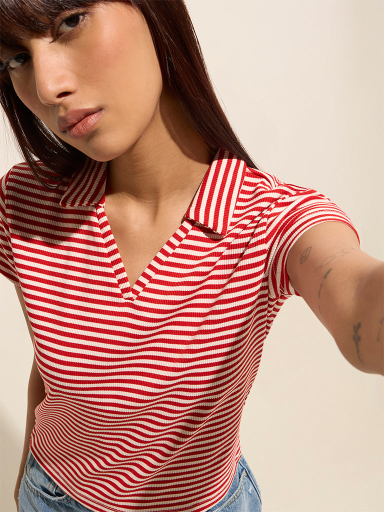 Nuon Red Striped and Ribbed Cotton-Blend T-Shirt