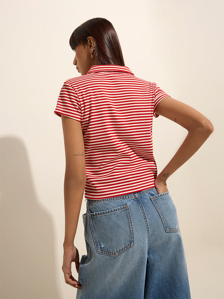 Nuon Red Striped and Ribbed Cotton-Blend T-Shirt