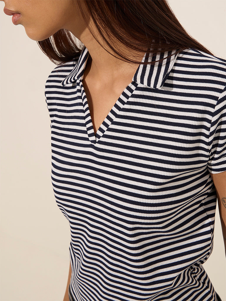 Nuon Navy Striped Ribbed-Textured Cotton-Blend T-Shirt