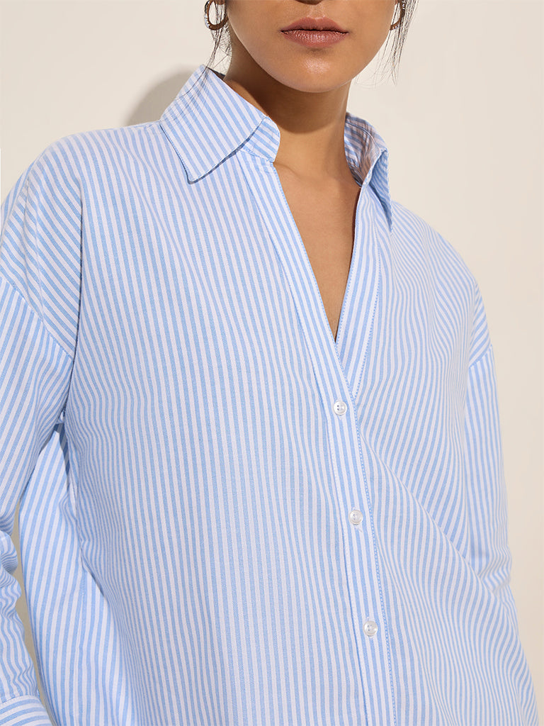 Wardrobe Blue Stripe Printed Cotton Shirt