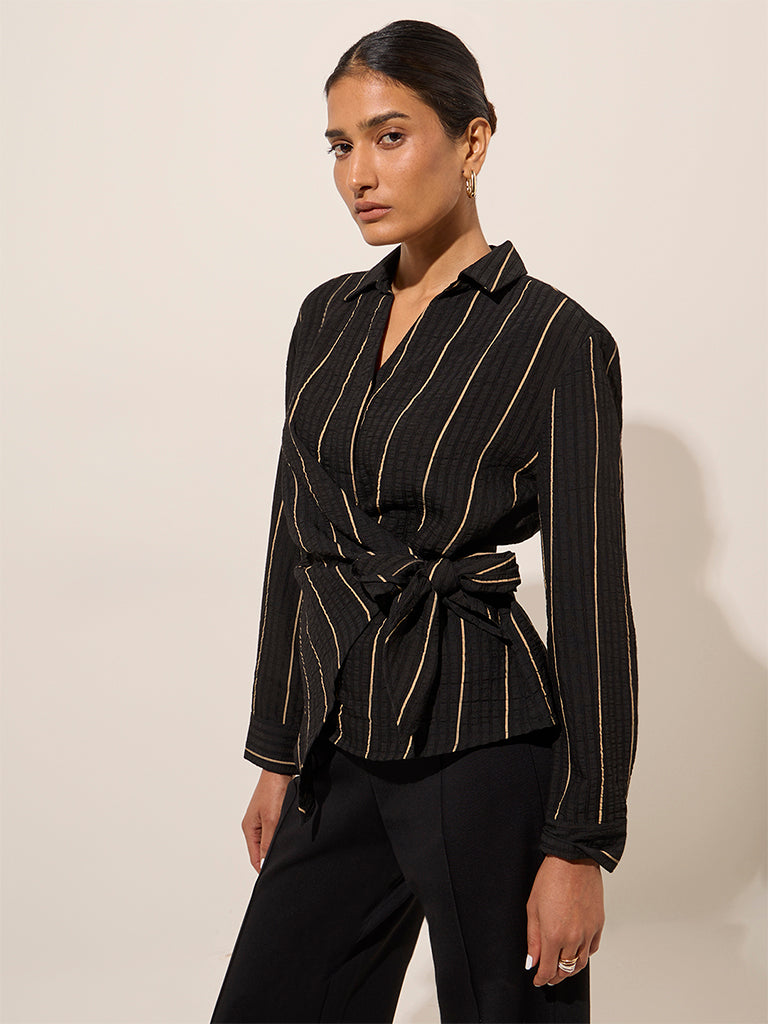 Wardrobe Black Striped Knot-Design Blouse