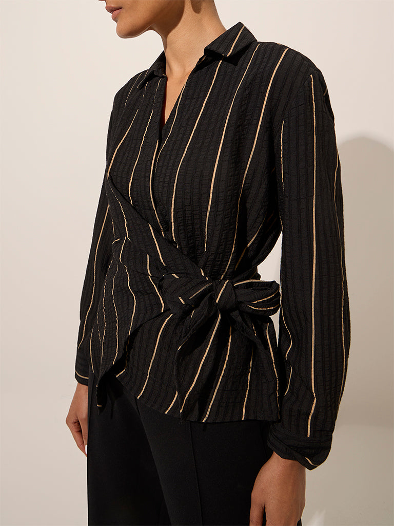 Wardrobe Black Striped Knot-Design Blouse