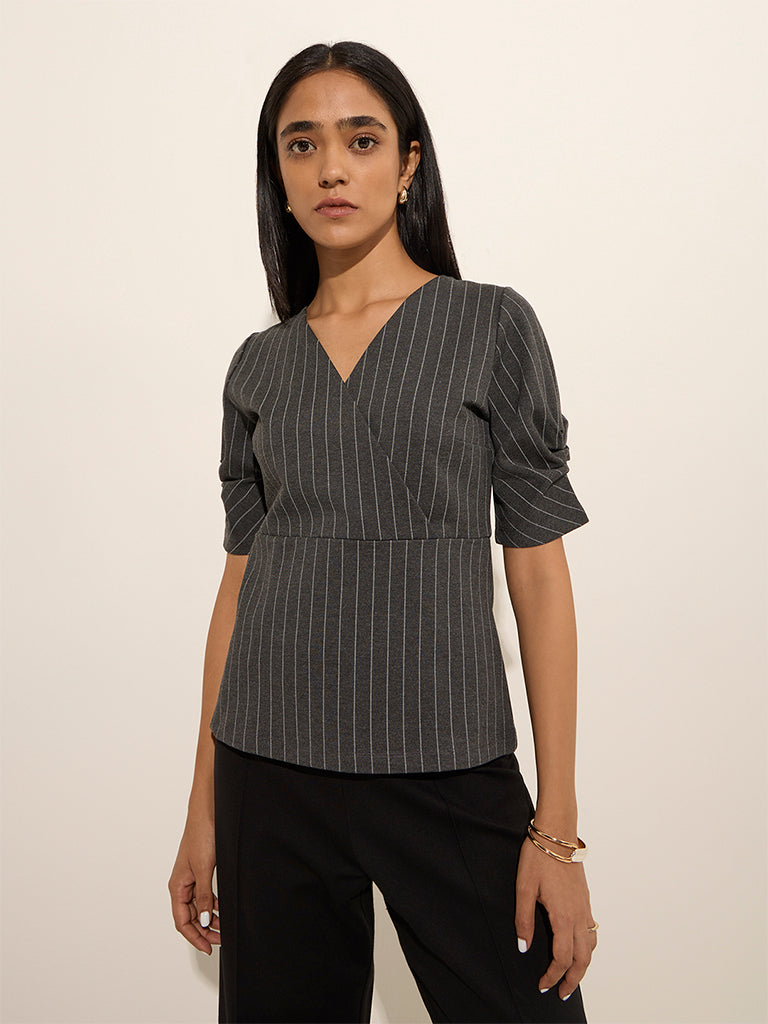 Wardrobe Grey Striped Wrap-Style Top