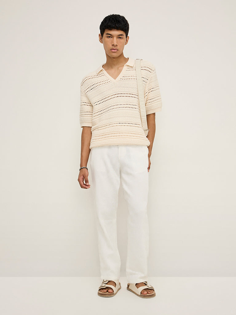 ETA Off-White Solid Relaxed-Fit Mid-Rise Cotton Chinos