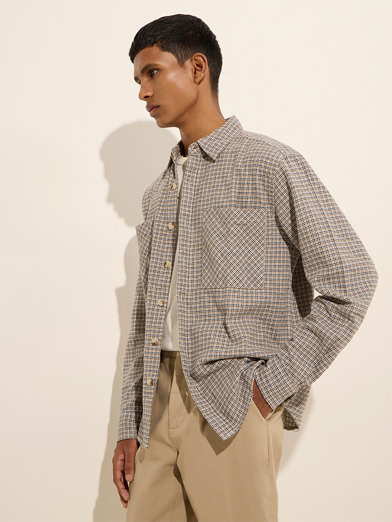 Nuon Beige Checks Design Relaxed-Fit Cotton Shirt