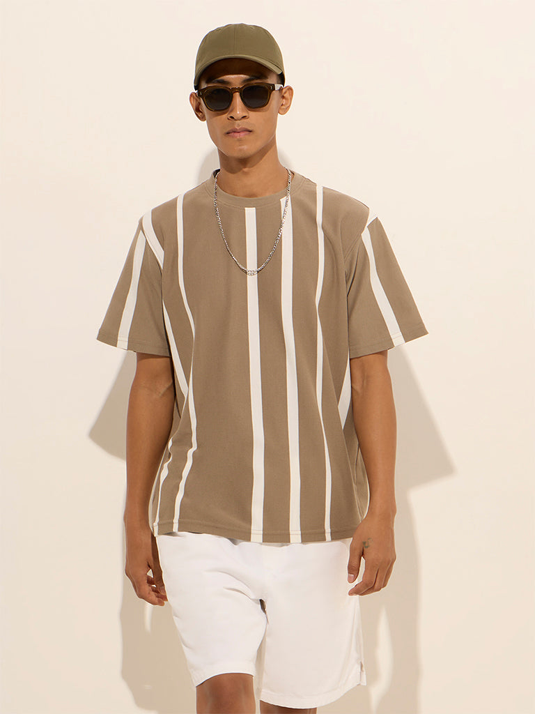 Nuon Taupe Striped Regular-Fit Cotton-Blend T-Shirt