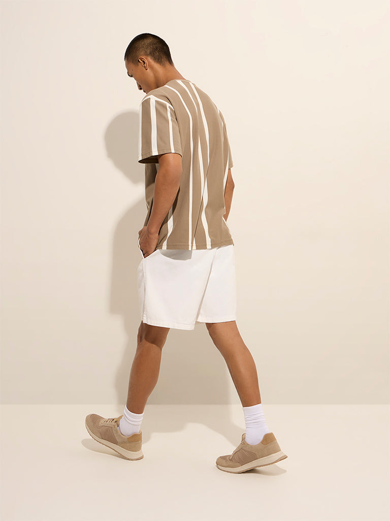 Nuon Taupe Striped Regular-Fit Cotton-Blend T-Shirt