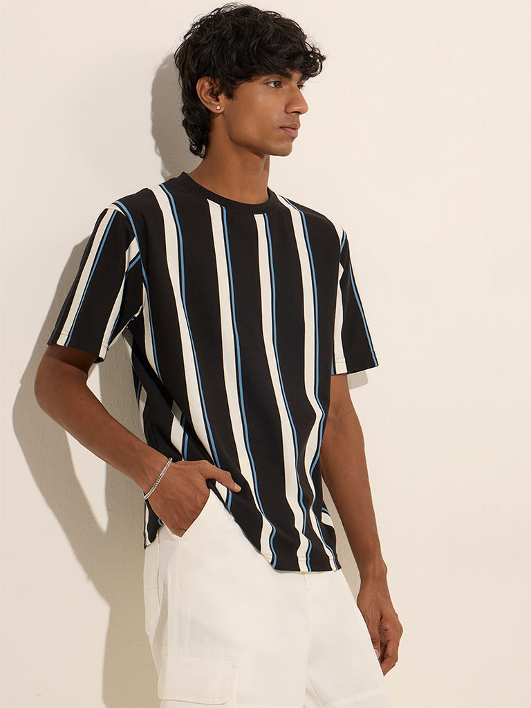 Nuon Black Striped Slim-Fit Cotton-Blend T-Shirt