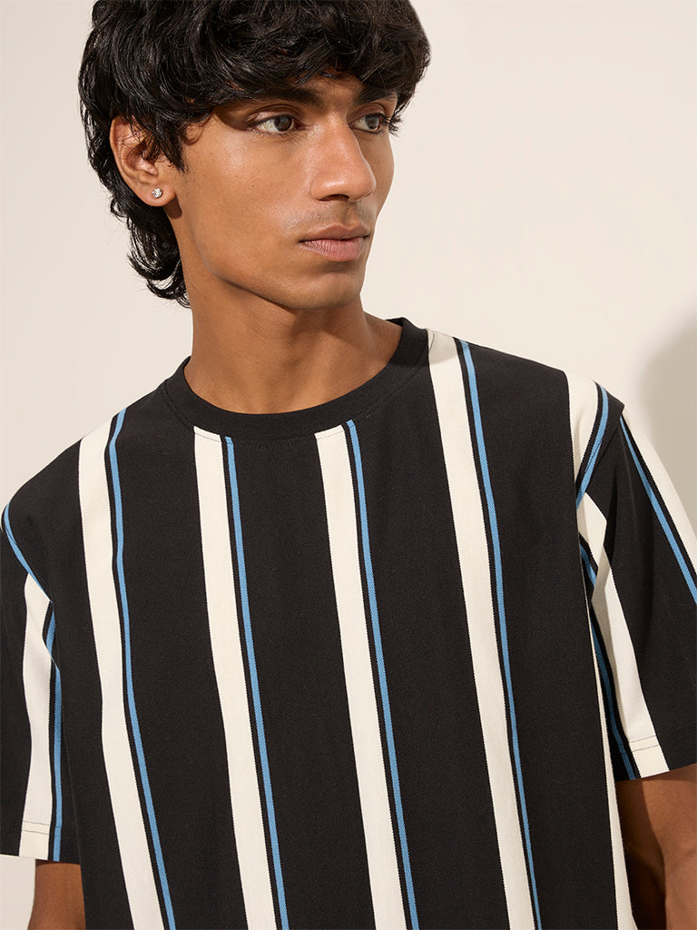 Nuon Black Striped Slim-Fit Cotton-Blend T-Shirt