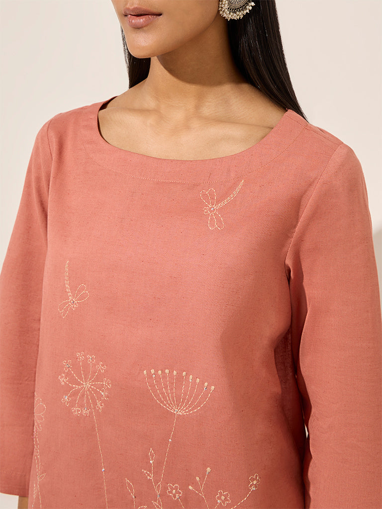 Utsa Dusty Peach Kantha Stitch Cotton-Blend Tunic