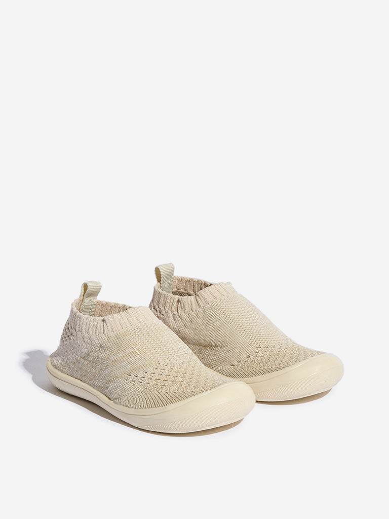 Yellow Beige Knit-Textured Slip-On Shoes