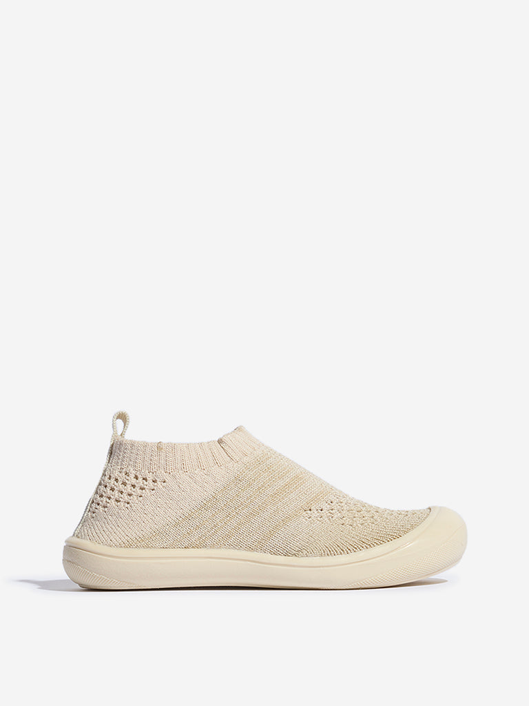 Yellow Beige Knit-Textured Slip-On Shoes