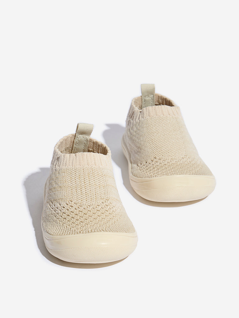 Yellow Beige Knit-Textured Slip-On Shoes