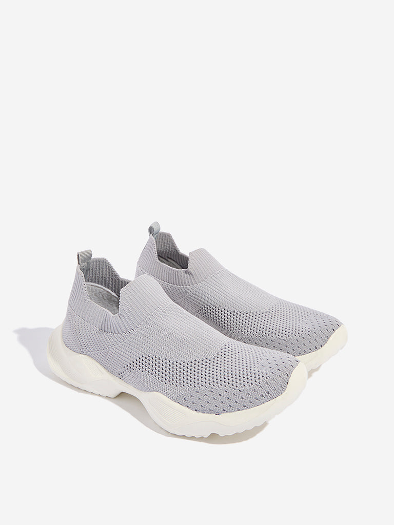 Yellow Grey Knit-Textured Slip-On Shoes