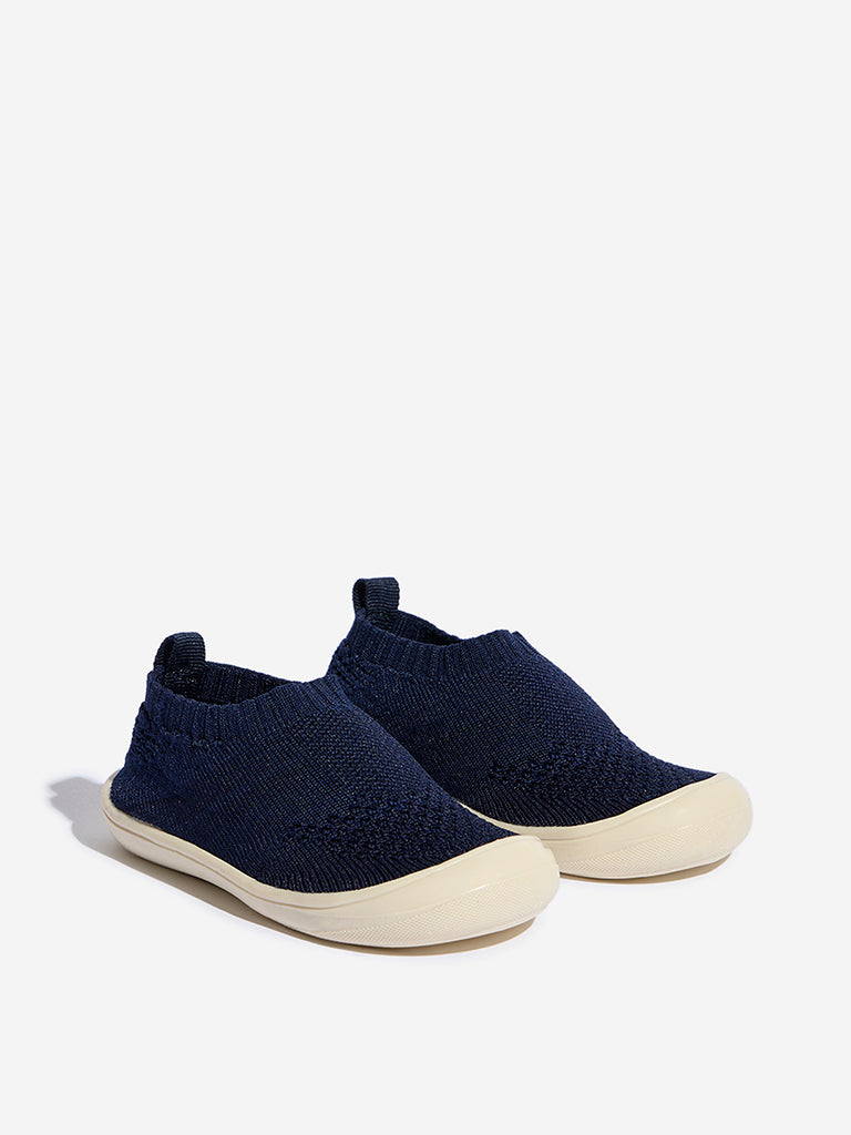 Yellow Navy Knit-Textured Slip-On Shoes