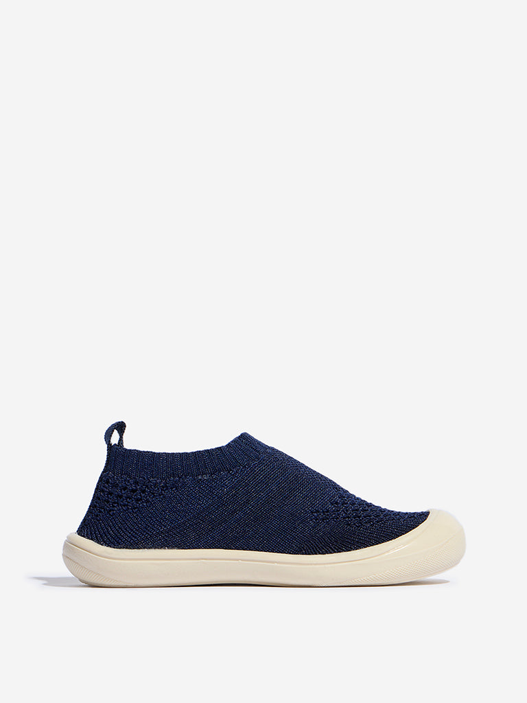 Yellow Navy Knit-Textured Slip-On Shoes