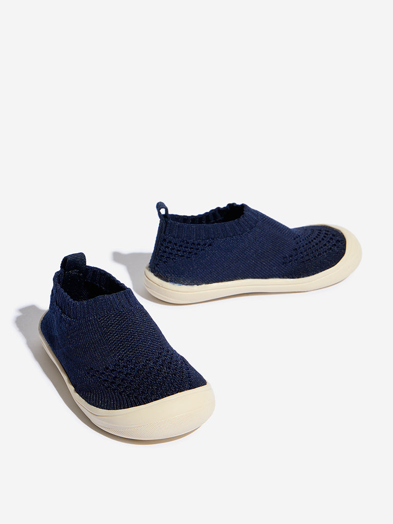 Yellow Navy Knit-Textured Slip-On Shoes