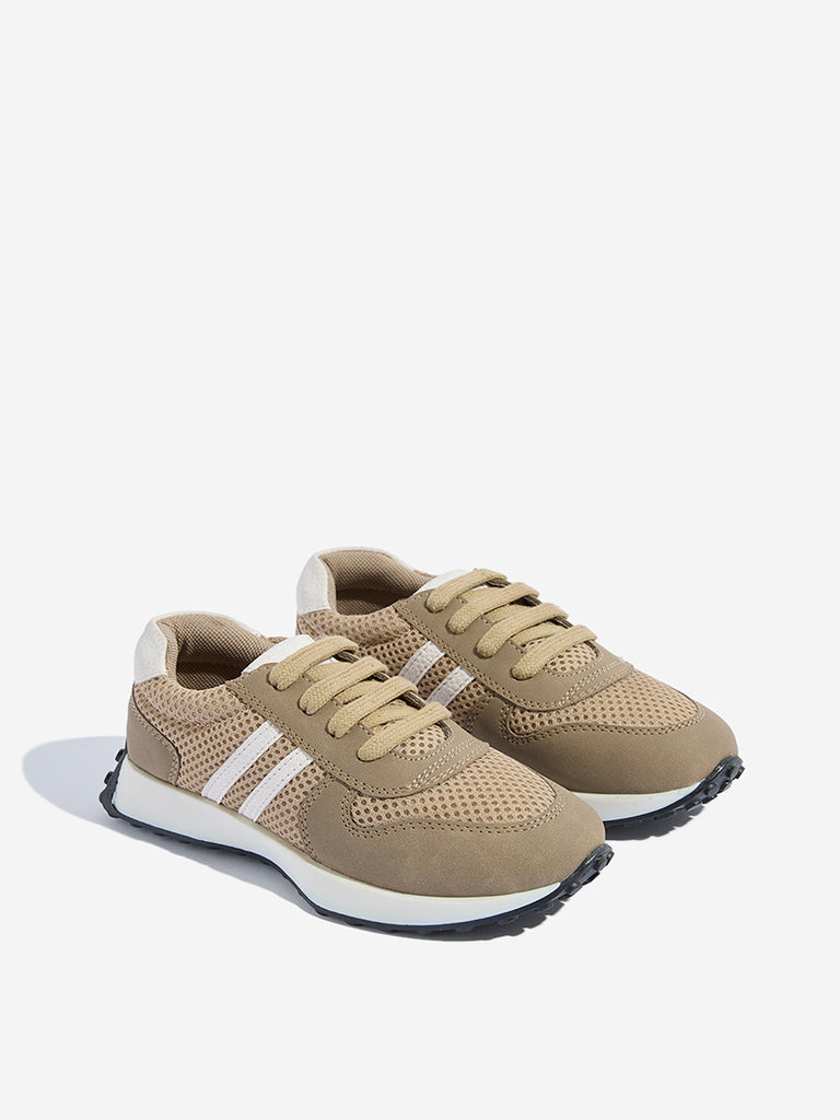 Yellow Taupe Mesh-Detailed Sneakers