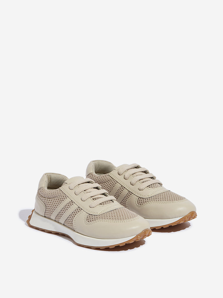 Yellow Beige Mesh Detailed Lace-Up Sneakers