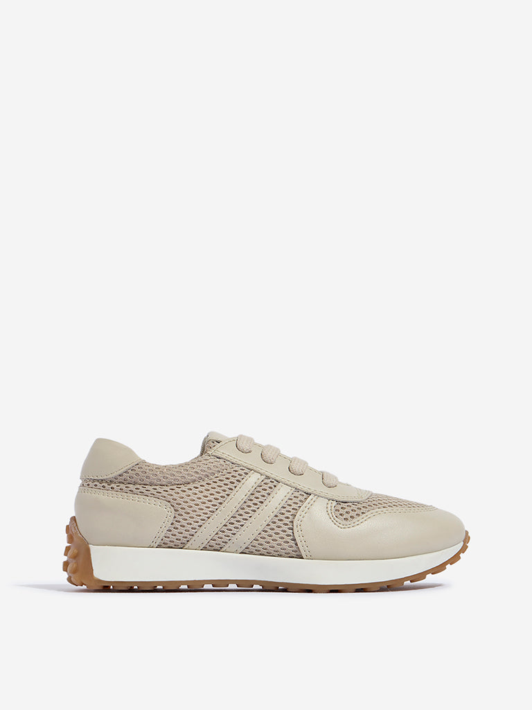 Yellow Beige Mesh Detailed Lace-Up Sneakers