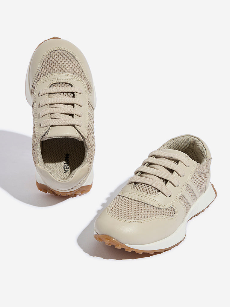 Yellow Beige Mesh Detailed Lace-Up Sneakers