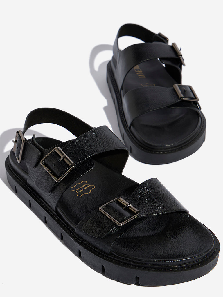 SOLEPLAY Black Dual-Strap Buckled Leather Sandals