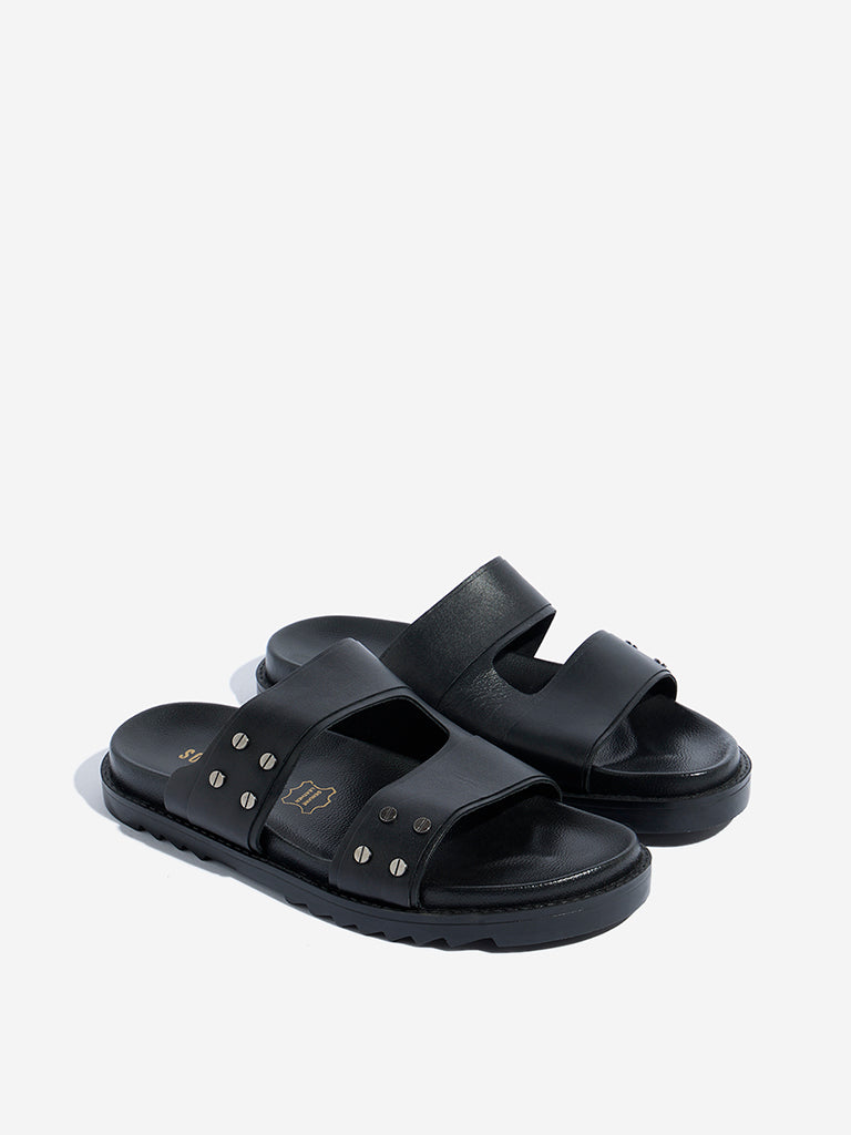 SOLEPLAY Black Leather Stud-Detailed Platform Slides