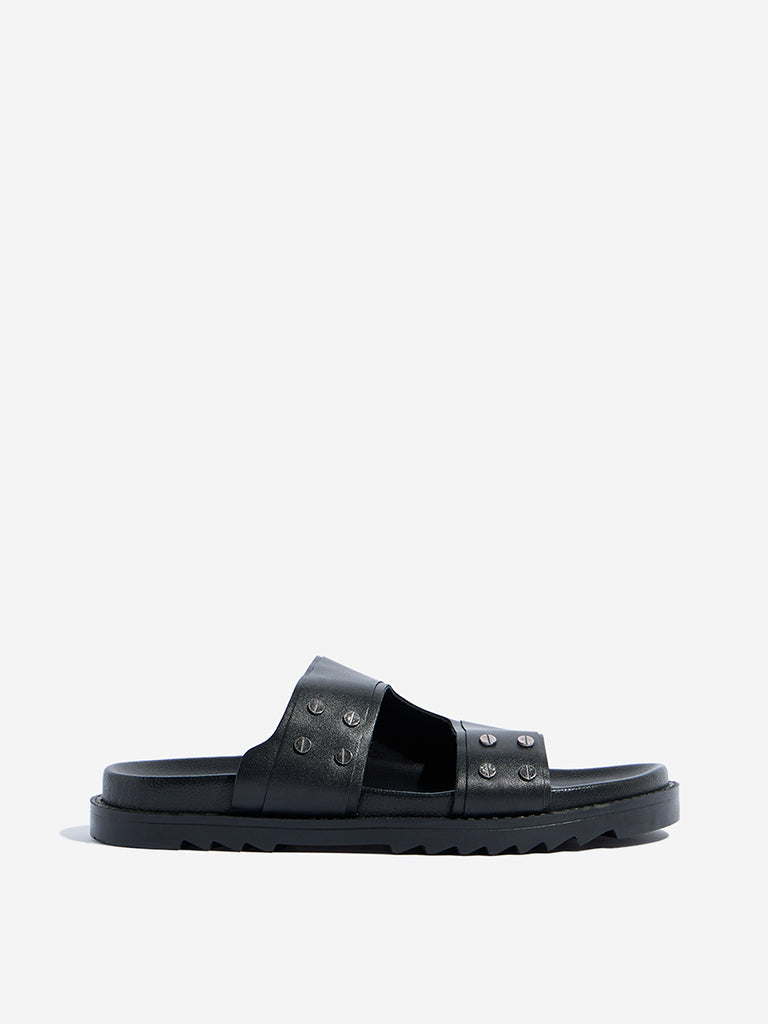 SOLEPLAY Black Leather Stud-Detailed Platform Slides