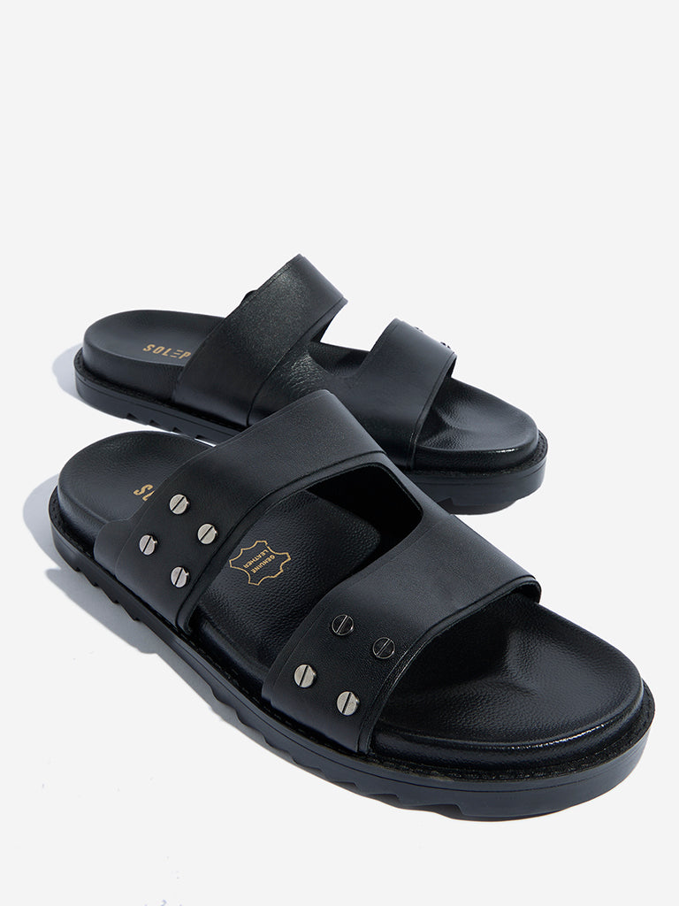 SOLEPLAY Black Leather Stud-Detailed Platform Slides