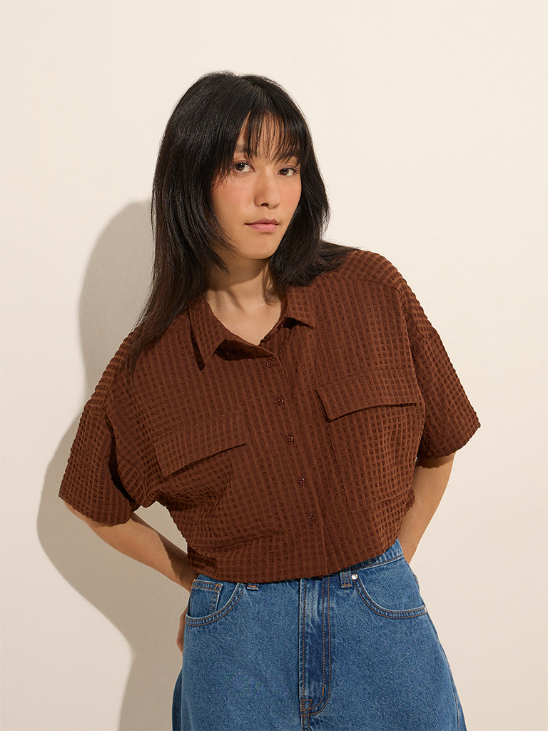 Nuon Brown Waffle-Textured Crop Shirt