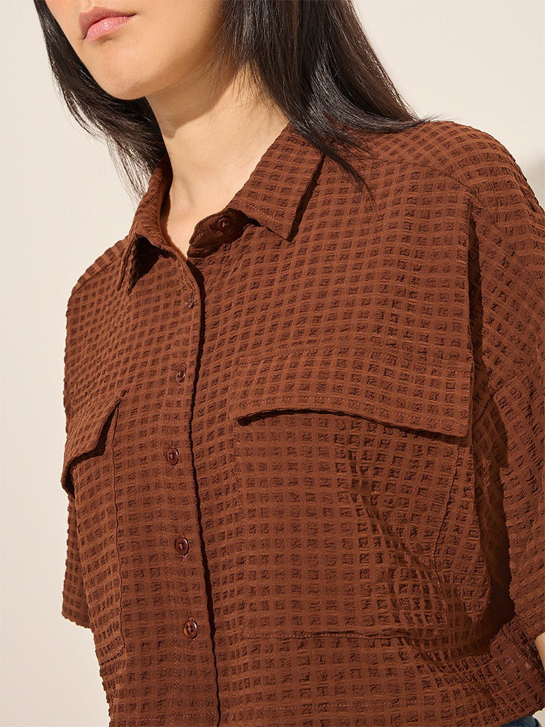 Nuon Brown Waffle-Textured Crop Shirt