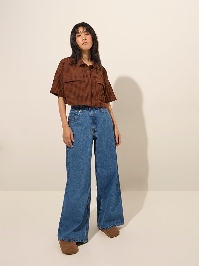 Nuon Brown Waffle-Textured Crop Shirt