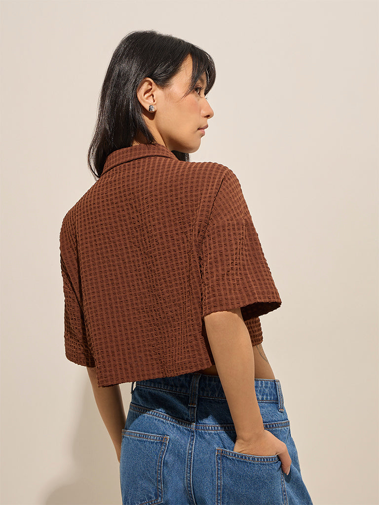 Nuon Brown Waffle-Textured Crop Shirt