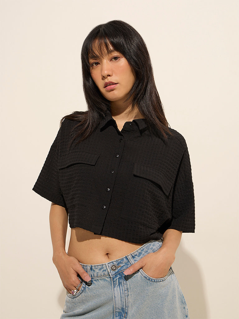 Nuon Black Waffle-Textured Crop Shirt