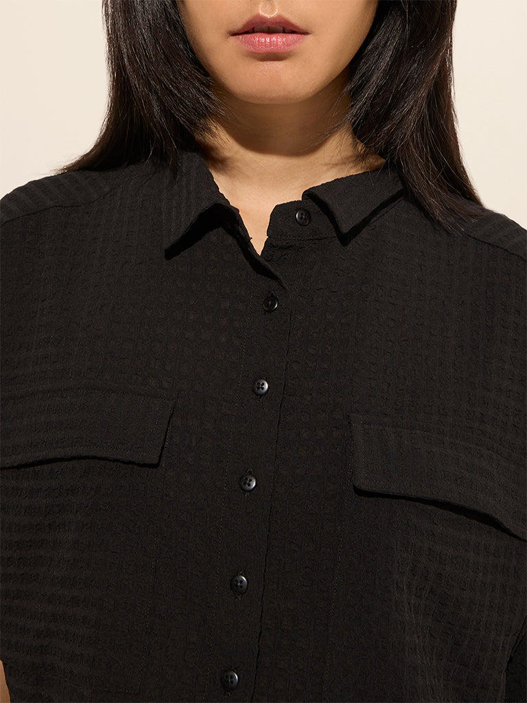 Nuon Black Waffle-Textured Crop Shirt