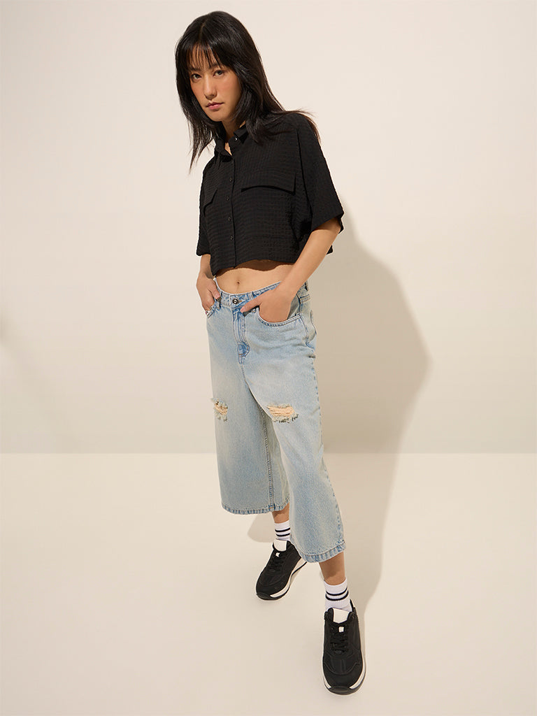 Nuon Black Waffle-Textured Crop Shirt