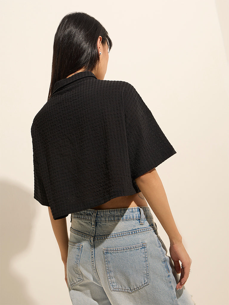 Nuon Black Waffle-Textured Crop Shirt