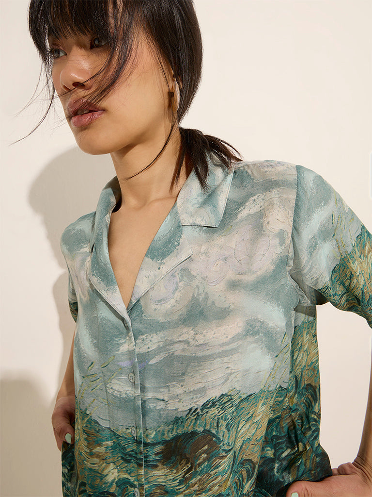 Nuon Teal Printed Shirt