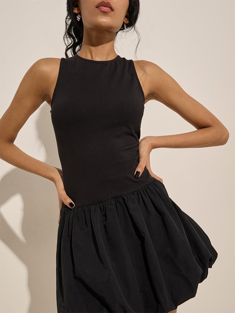 Nuon Black Cotton-Blend Balloon A-Line Dress