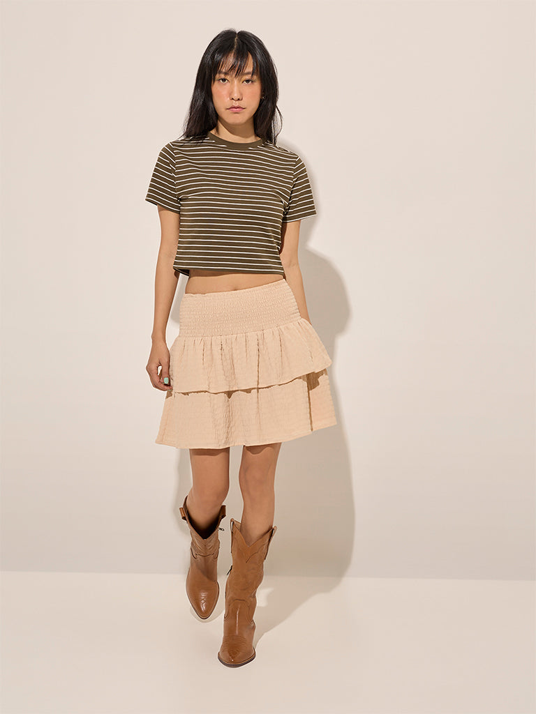 Nuon Beige Smocked Self-Textured Tiered High-Rise Skirt