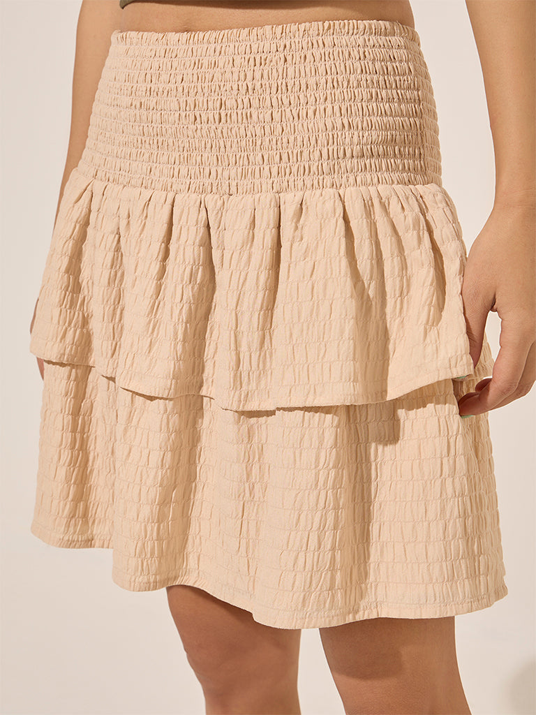 Nuon Beige Smocked Self-Textured Tiered High-Rise Skirt