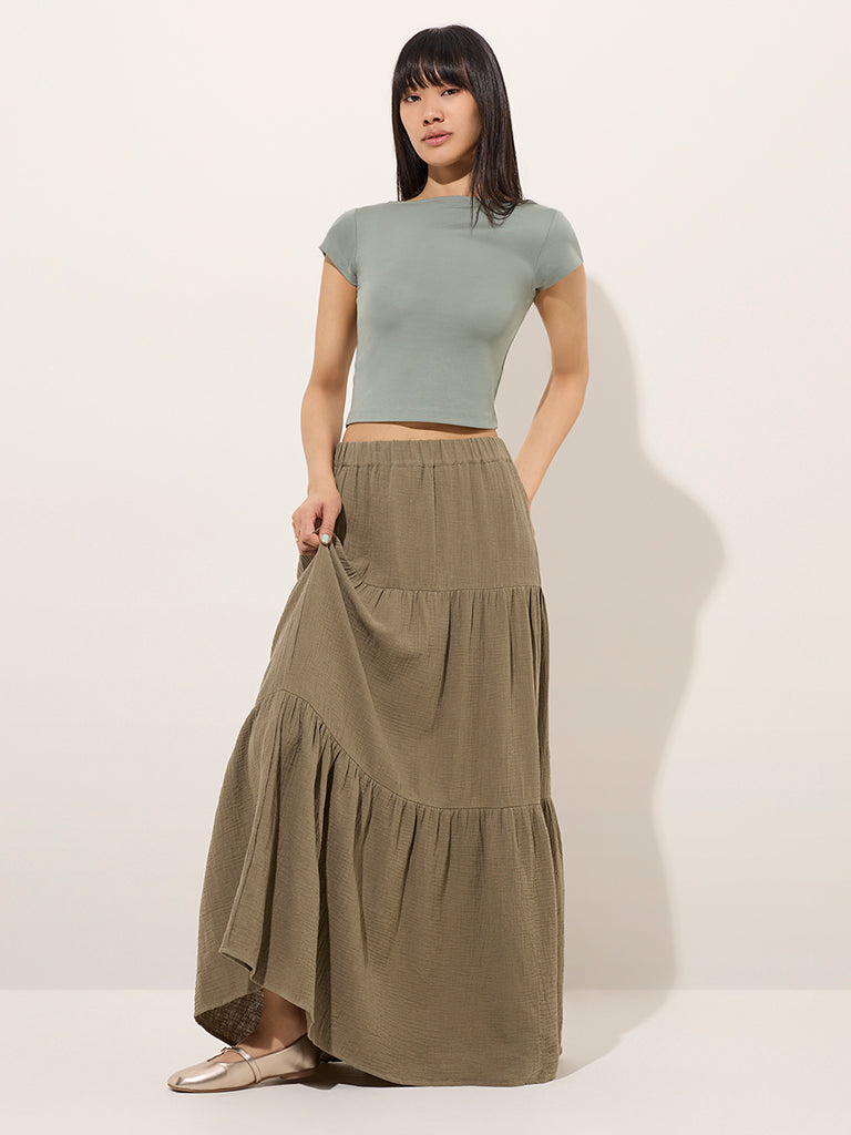 Nuon Olive Crinkle-Textured Tiered High-Rise Cotton Skirt