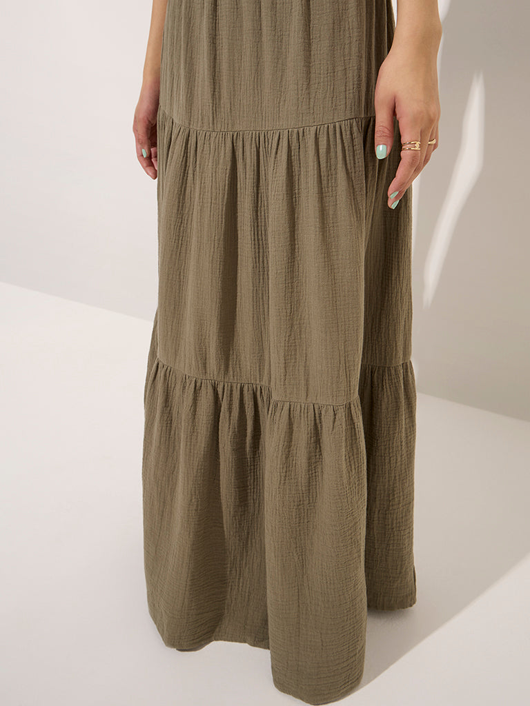 Nuon Olive Crinkle-Textured Tiered High-Rise Cotton Skirt