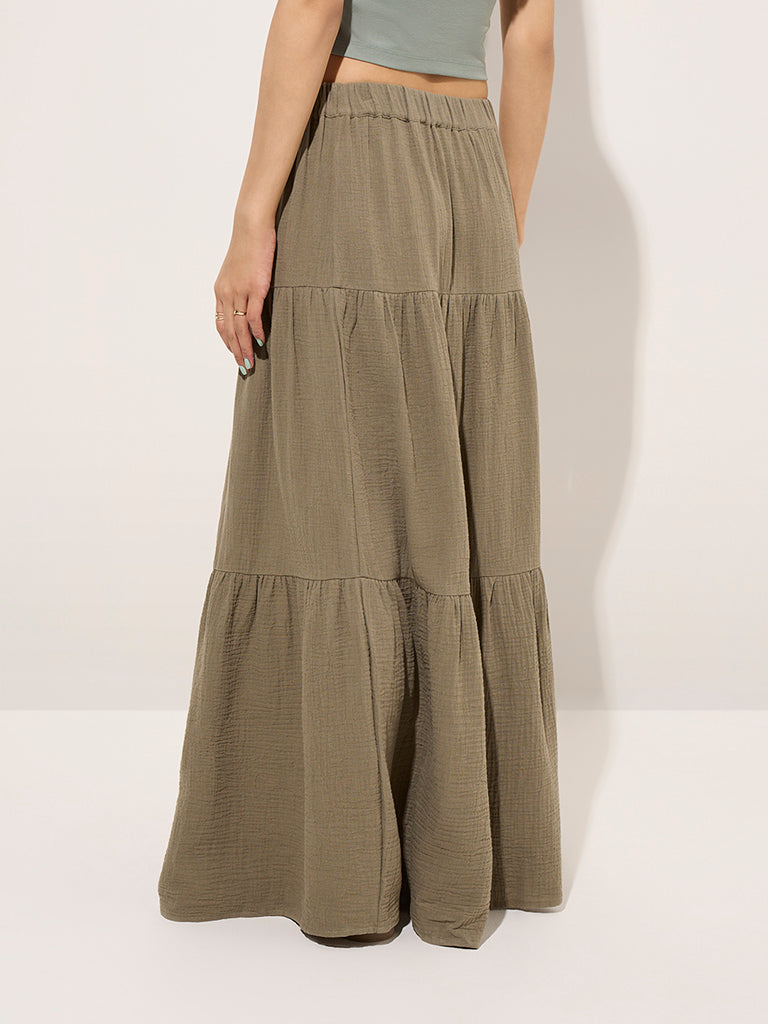 Nuon Olive Crinkle-Textured Tiered High-Rise Cotton Skirt