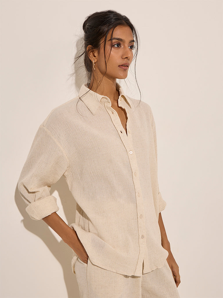 LOV Beige Crinkle Textured Cotton Shirt