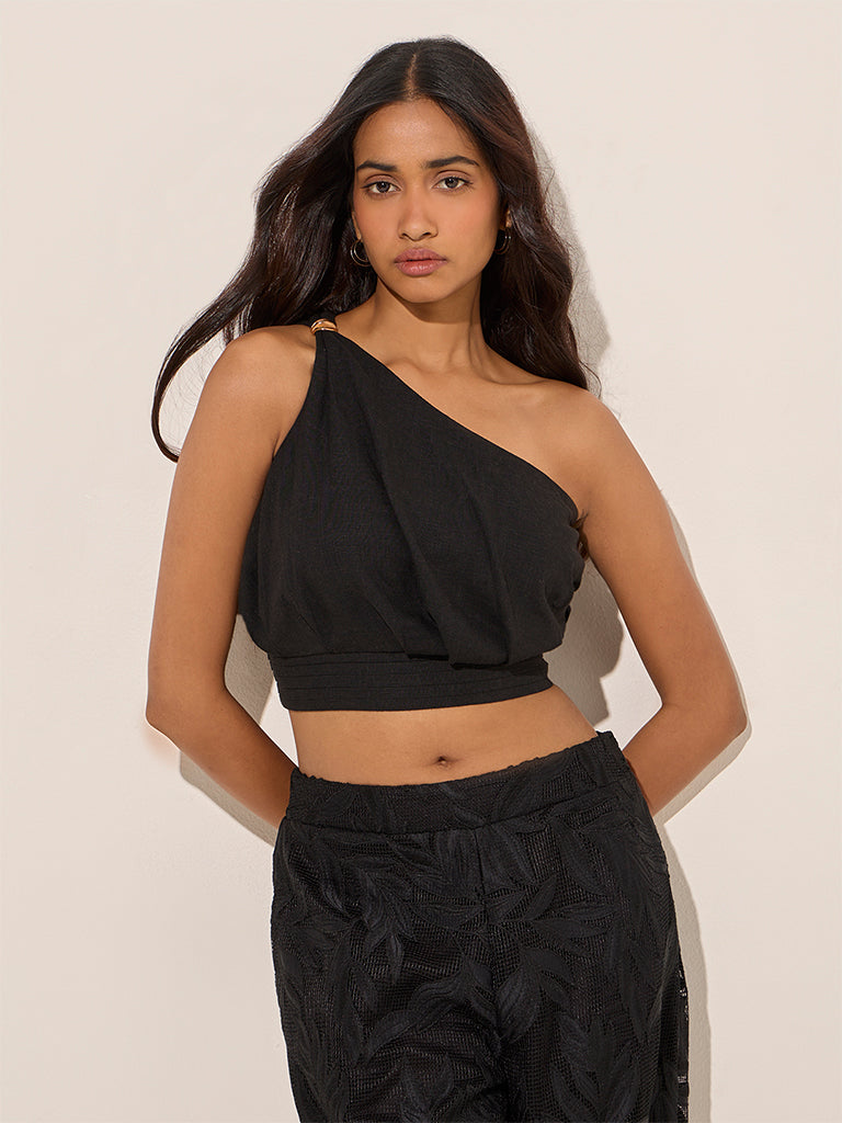 LOV Black One-Shoulder Linen-Blend Crop Top